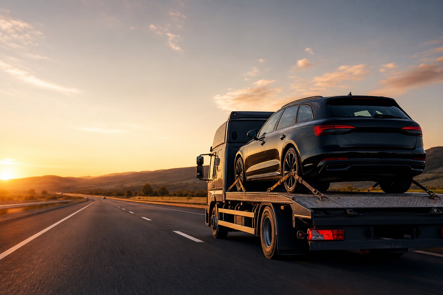 Camion porte-voiture transport plateau sur autoroute en France au coucher du soleil